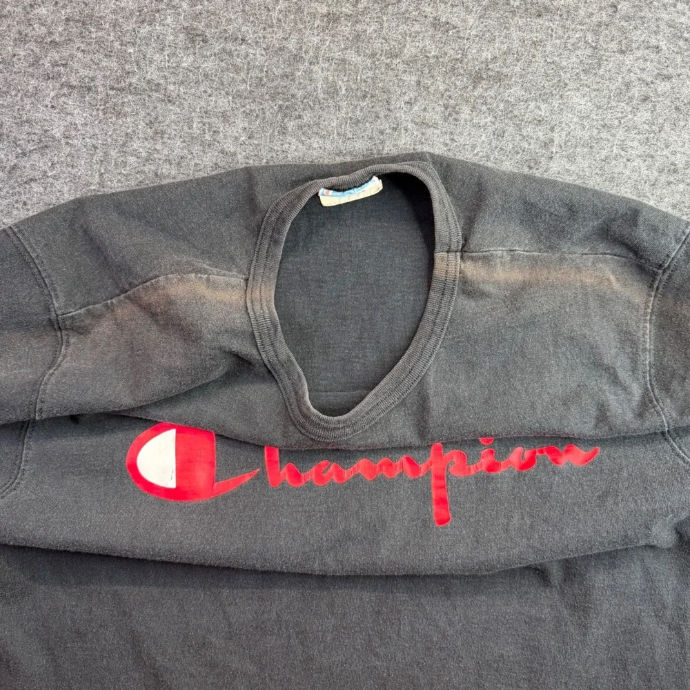 Champion T-Shirt Mens XL Black Short Sleeve Script Logo Cotton Faded READ - Picture 3 of 10
